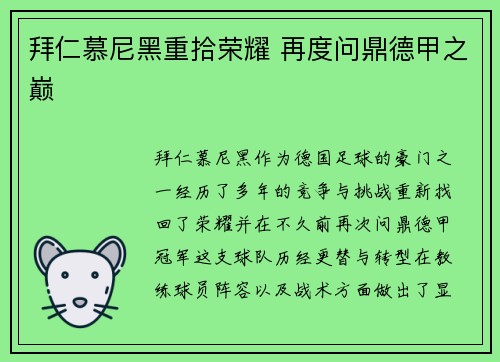 拜仁慕尼黑重拾荣耀 再度问鼎德甲之巅 拜仁慕尼黑重拾荣耀 再度问鼎德甲之巅